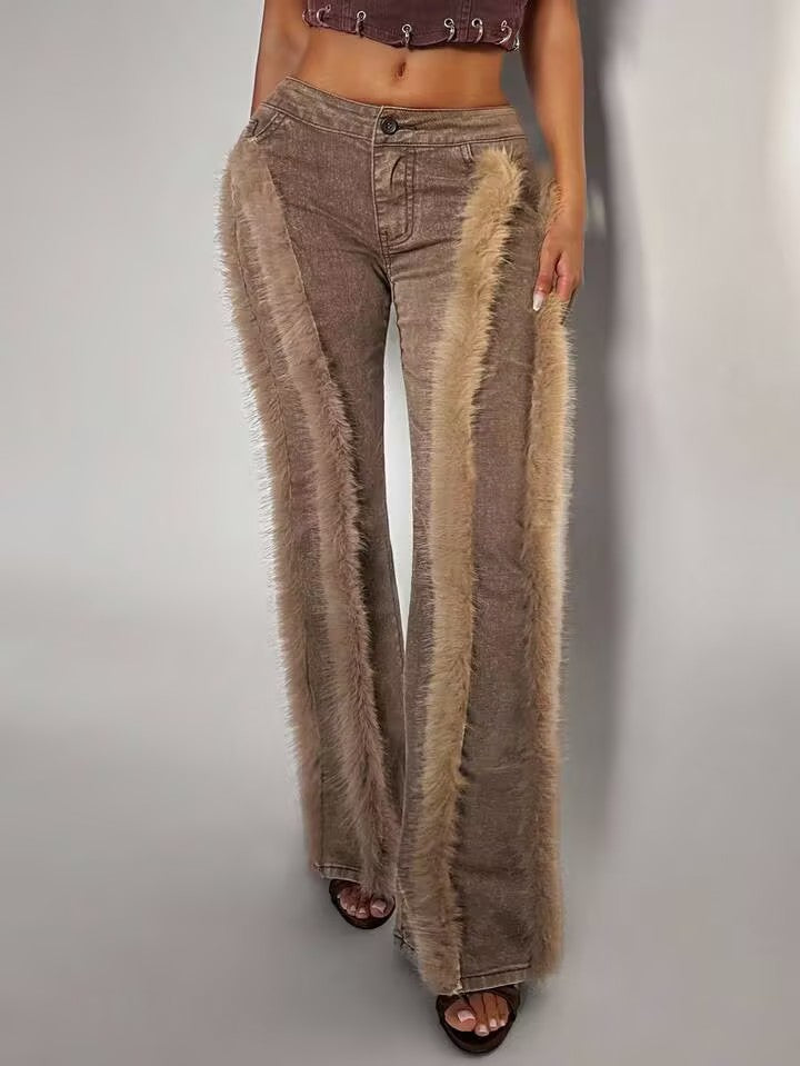 Faux Fur-Trimmed Jeans