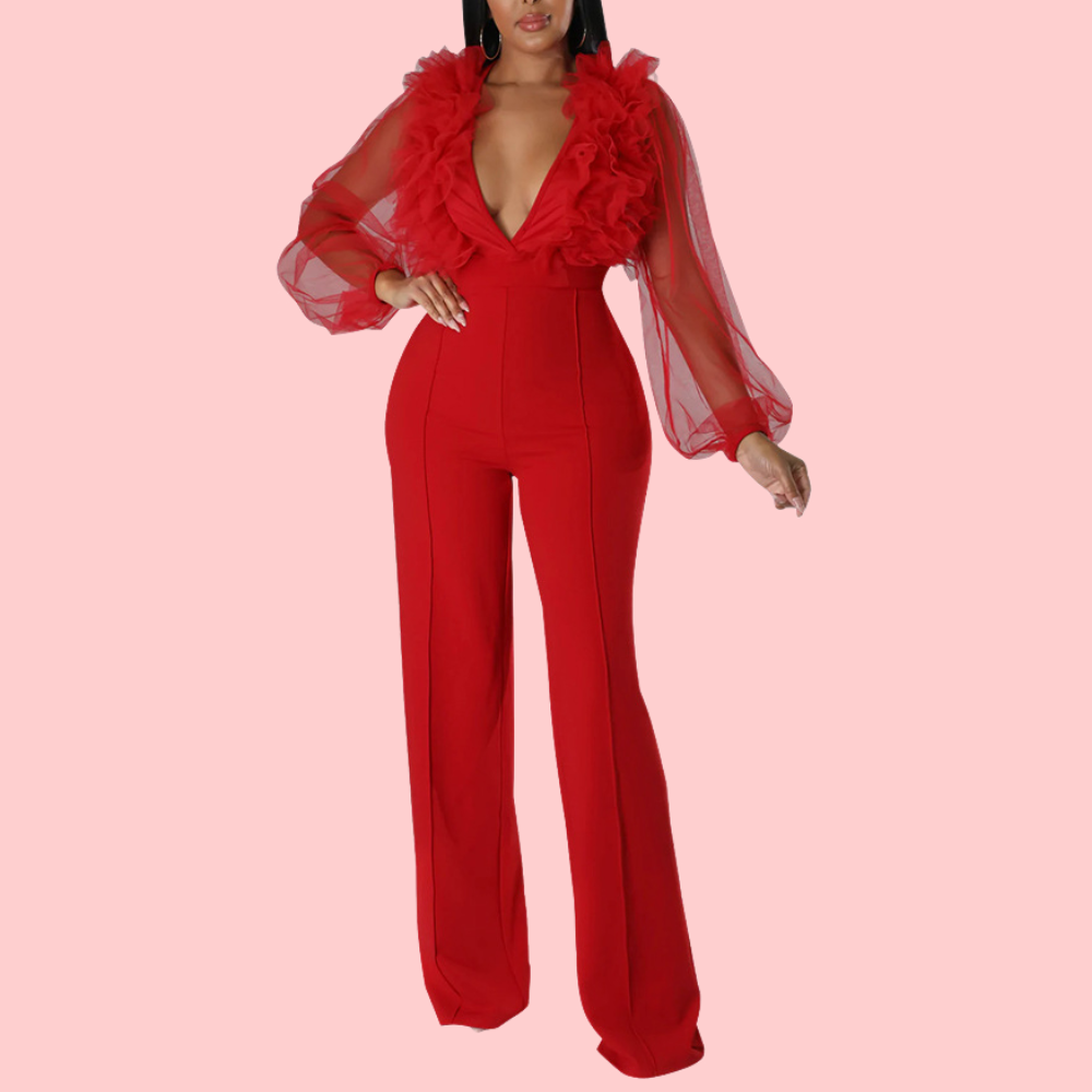 Mesh Lantern Sleeve Jumpsuit