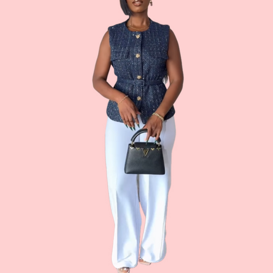 Blue Shiny Pocket Belted Vest