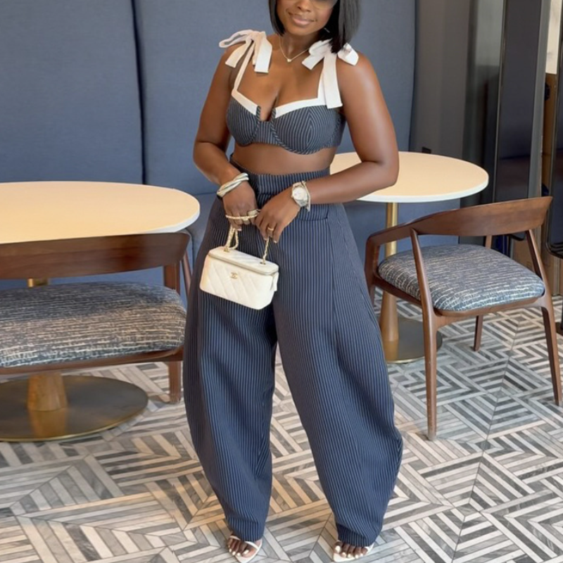 Bow-Tie Striped Wrap Top & Wide-Leg Pants Set