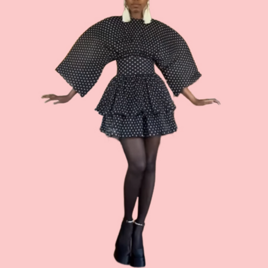Black Polka Dot Bubble Sleeve Mini Dress