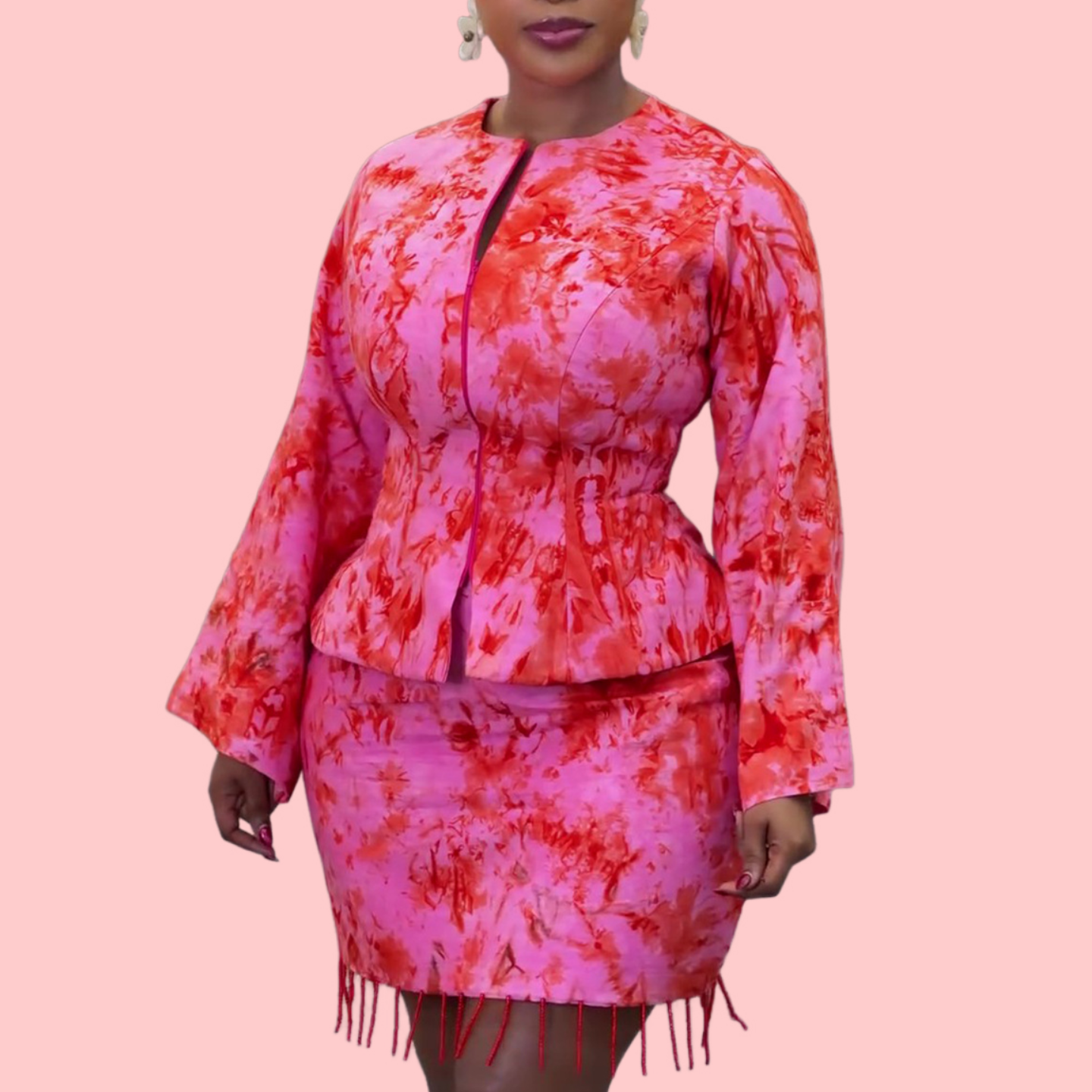 Pink Floral Fringe Skirt Set