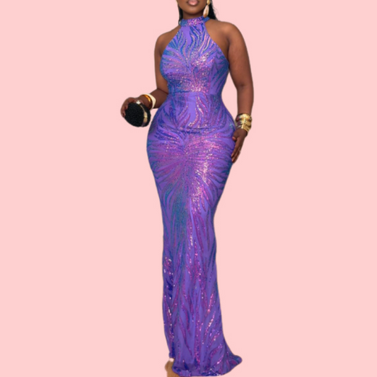 Purple Sequin Floral Sleeveless Wrap Dress