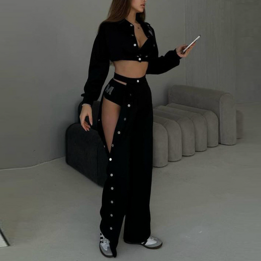 Solid Color Side Button Pants