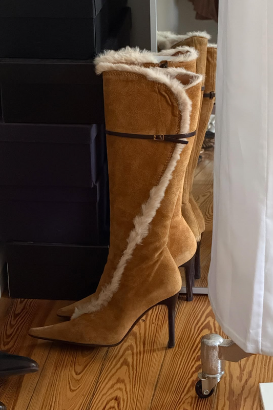 Khaki High-Heel Side-Zip Knee-High Boots