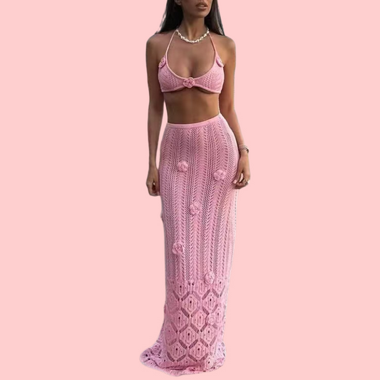 Pink Knit Floral Two-Piece Set