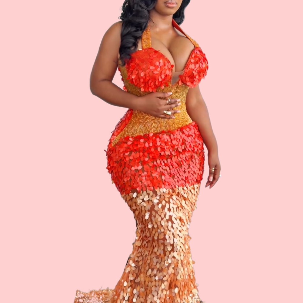 Color-block Sequined Neckline Maxi Dress