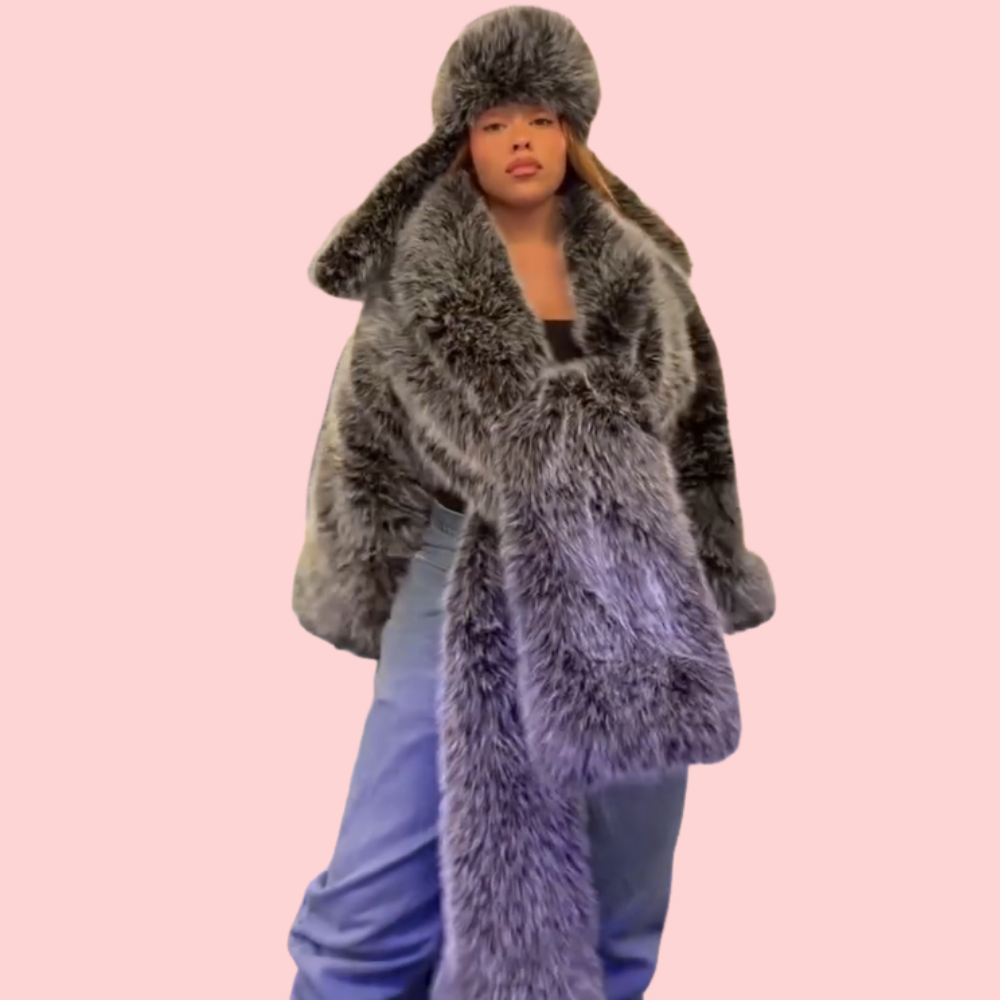 Pepper-Brown Faux Fur Long Coat & Hat