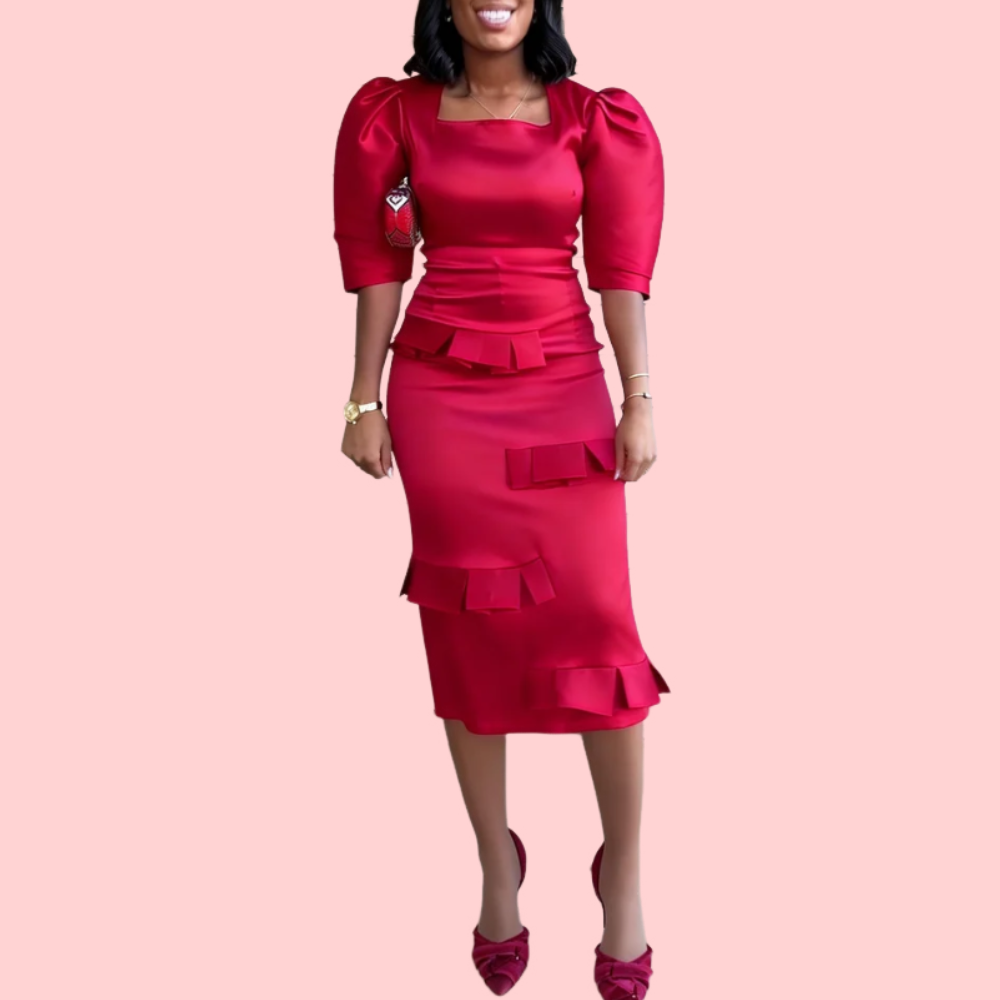 Red Puffy Sleeve Square-Neck Midi Dress