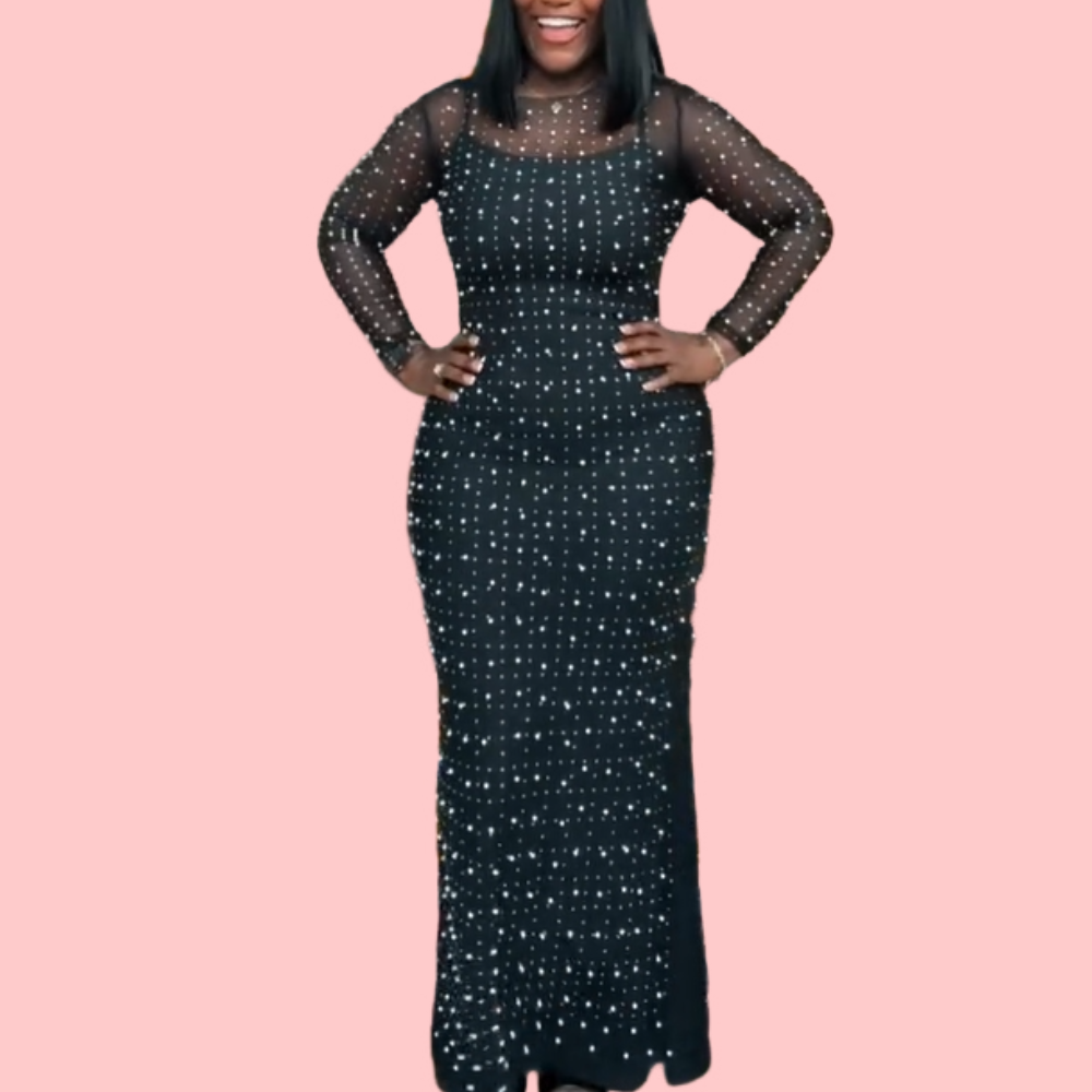 Pearl-embellished Mesh Cover-up & Strapless Maxi Dress