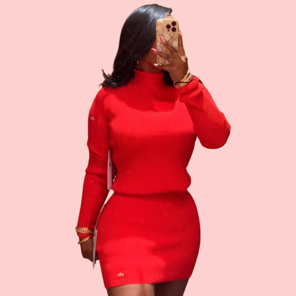 Red Turtleneck Knit Sweatshirt & Skirt Set