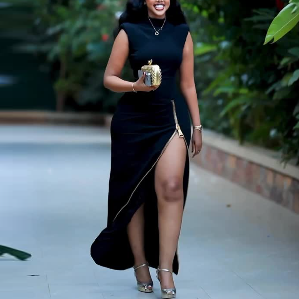 Black Zipper-Slit Maxi Dress