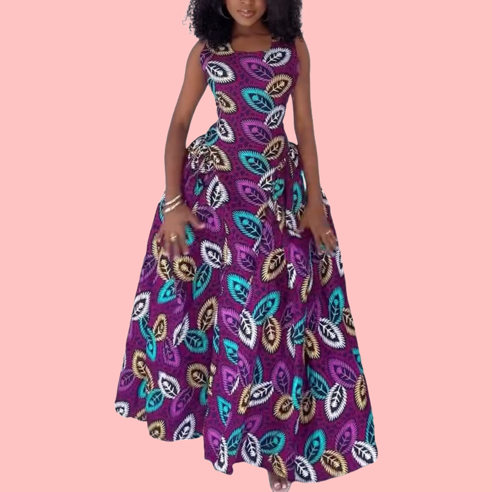 Purple Leaf Print Maxi Dress