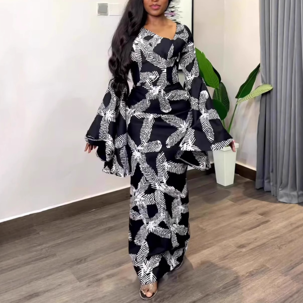 Black Feather Print Maxi Dress