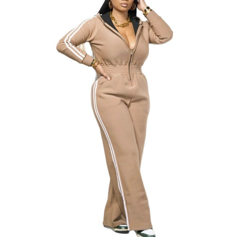 Hooded Striped Zipper Jumpsuit