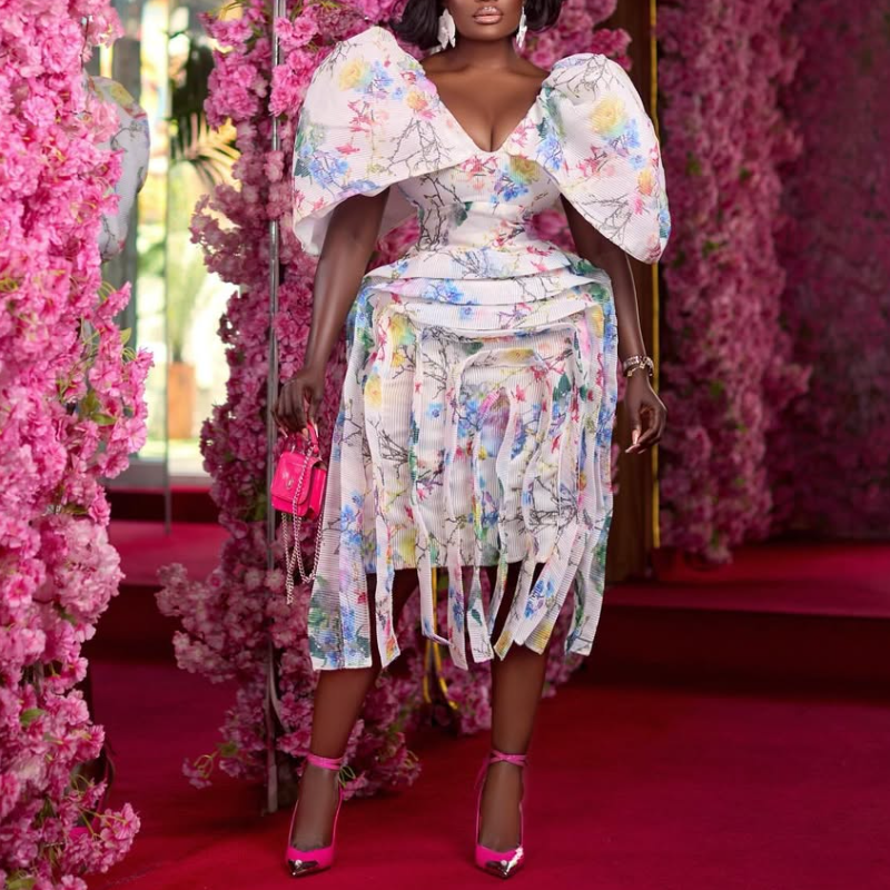 Floral V-Neck Puffy Dress