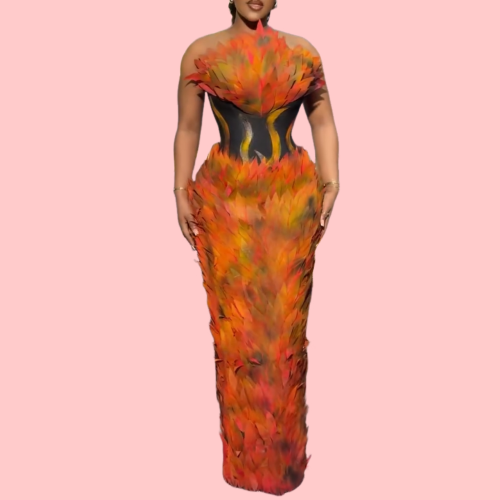 Red Gradient Feather Corset Dress