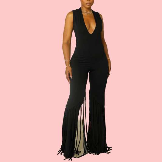 Fringed V-Neck Sleeveless Jumpsuit