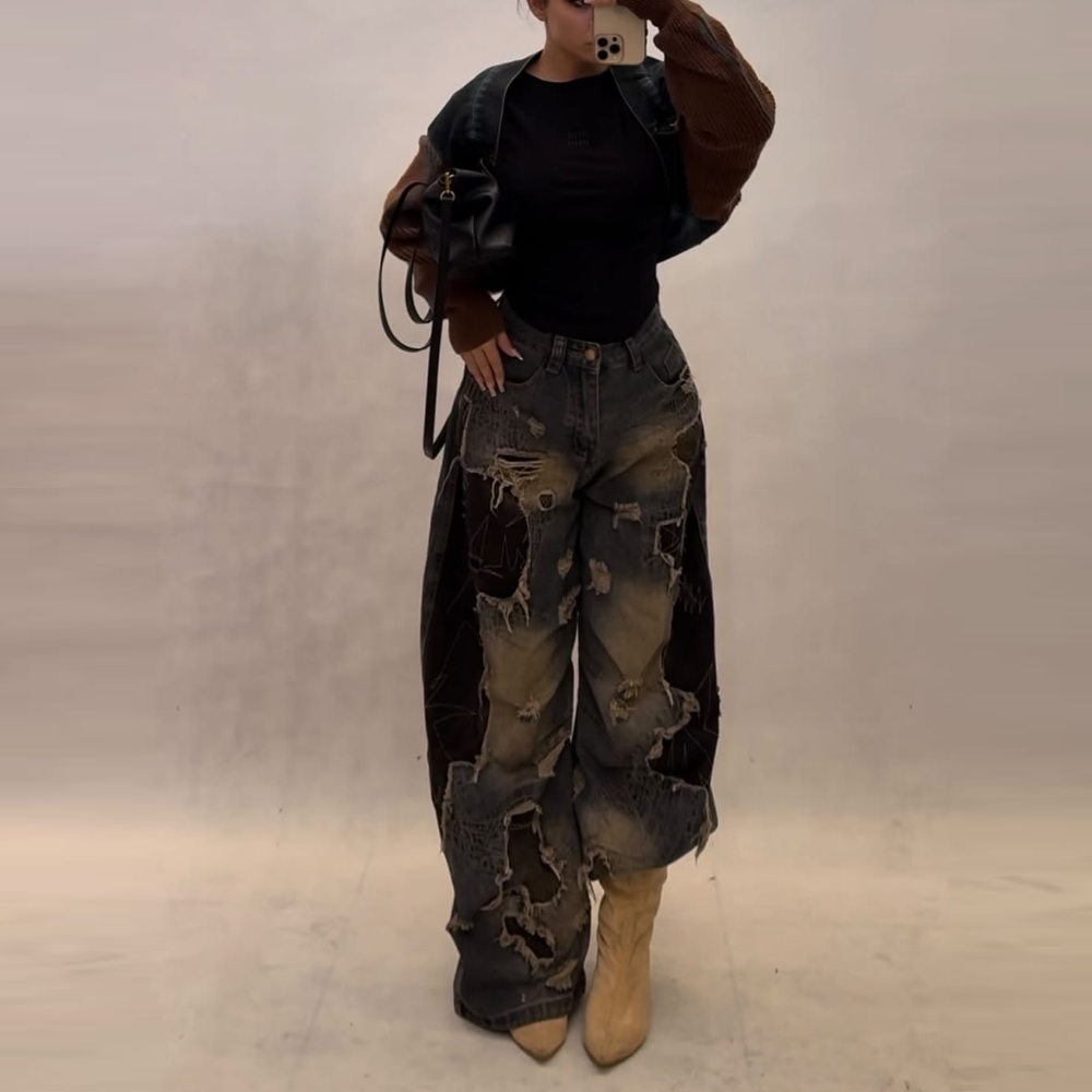 Distressed Washed Wide-Leg Jeans