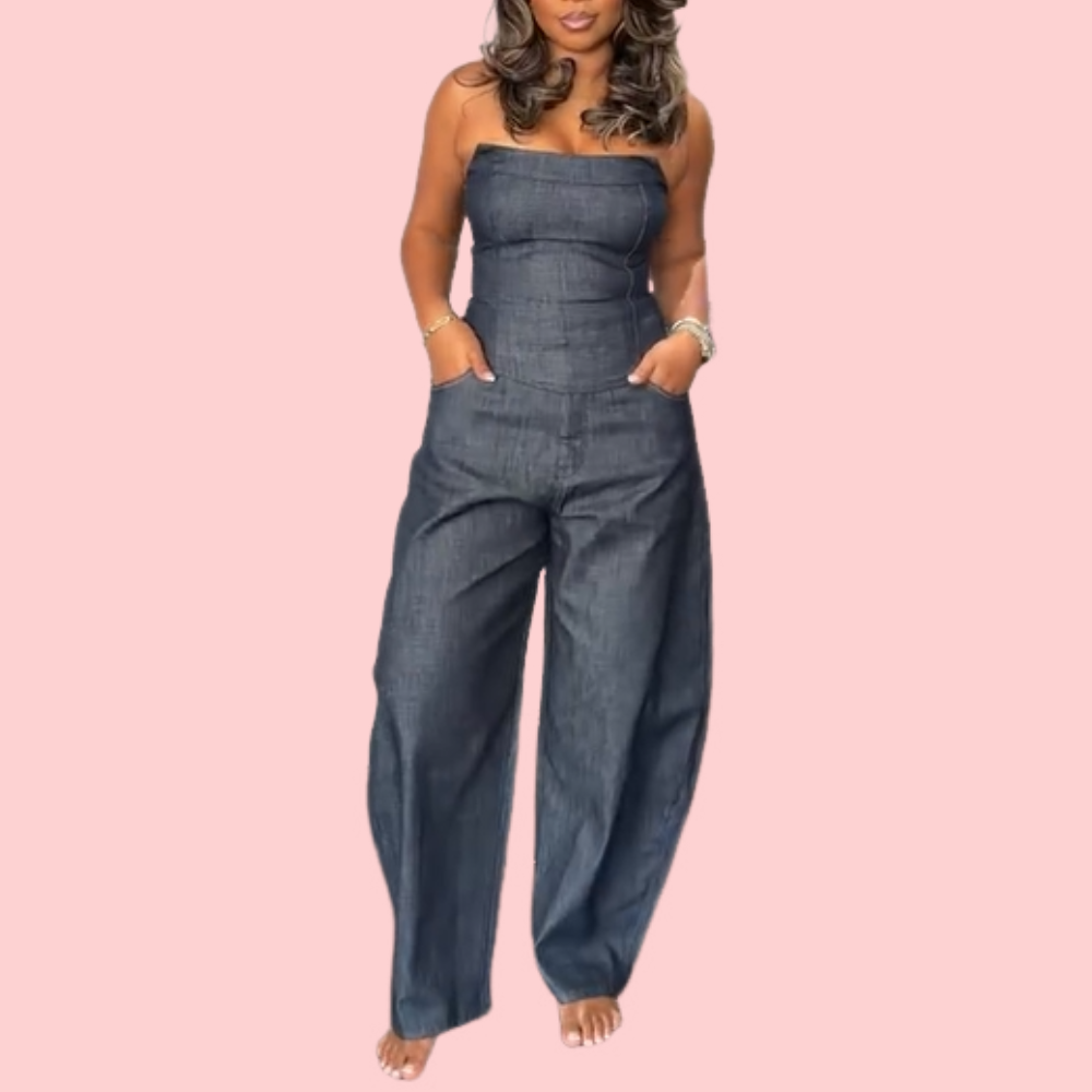 Denim Crop Top & Wide-Leg Pants Set