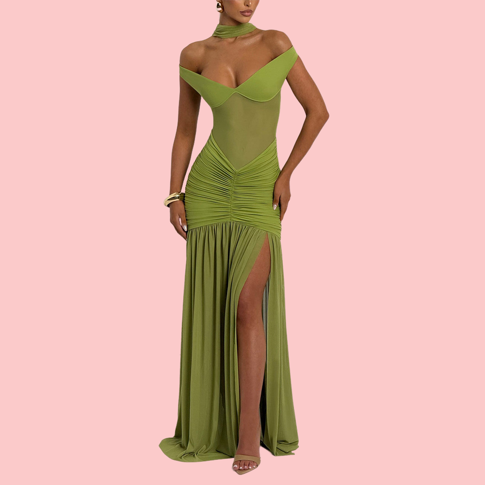 Solid Color Strapless Mesh Split Maxi Dress