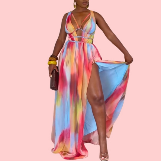 Colorful Suspender Hollow Split Maxi Dress