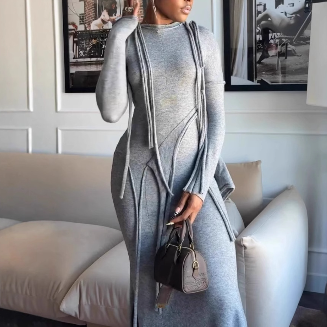 Long-Sleeved Knit Scarf-Tie Wrap Dress