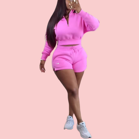 Pink Half Zip Sweatshirt & Shorts Set
