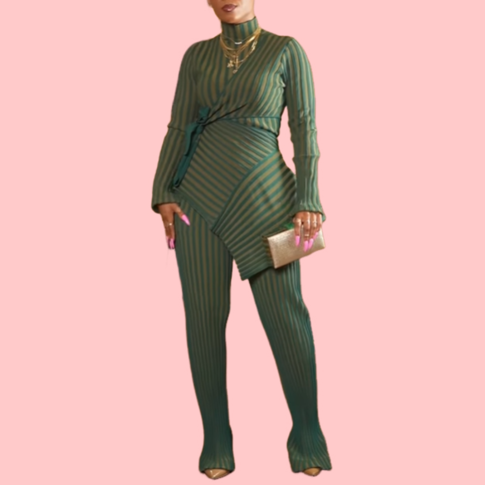 Green Striped Tie-Front Two-Piece Set