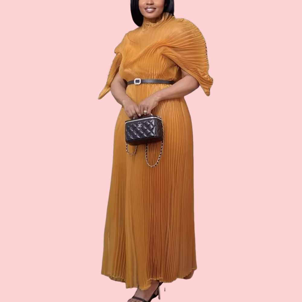 Yellow Pleated Bubble-Sleeve Maxi Dress
