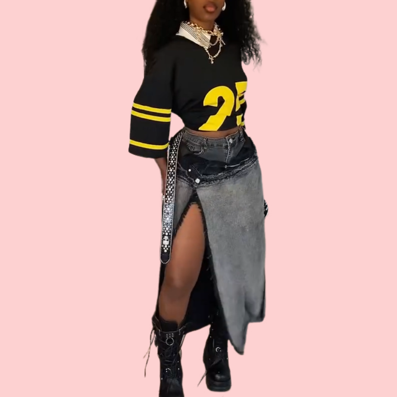 Black Destruction Washed Split Skirt