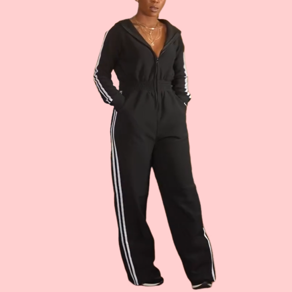 Hooded Striped Zipper Jumpsuit