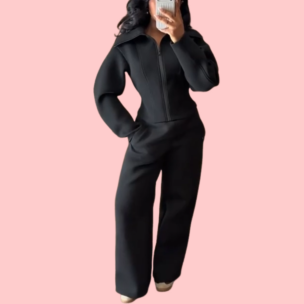 Black Zipper Slim-Fit Hoodie Set