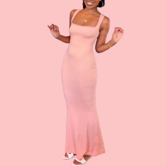 Solid Color Halter Lace Trim Maxi Dress