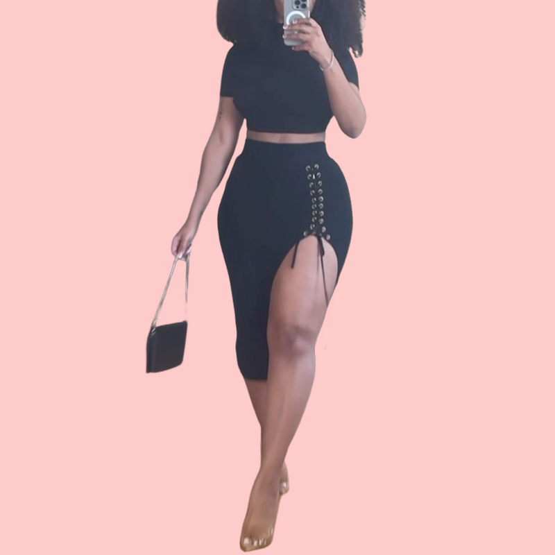 Black Short-Sleeve Top & Tie-Waist Skirt Set