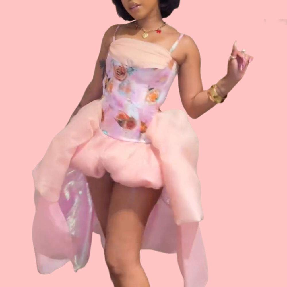 Pink Floral Puffy Mini Dress