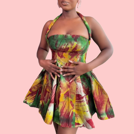 Colorful Printed Neck Mini Dress
