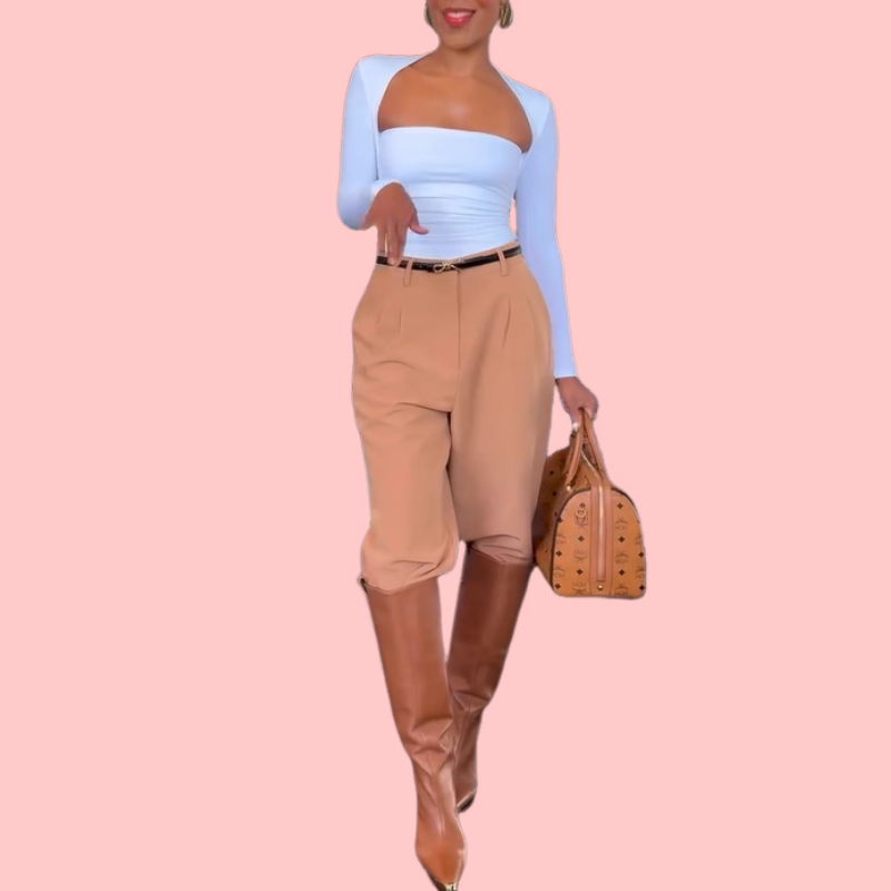 Solid-Color Stretch Off-the-Shoulder Top & Casual Trousers Set
