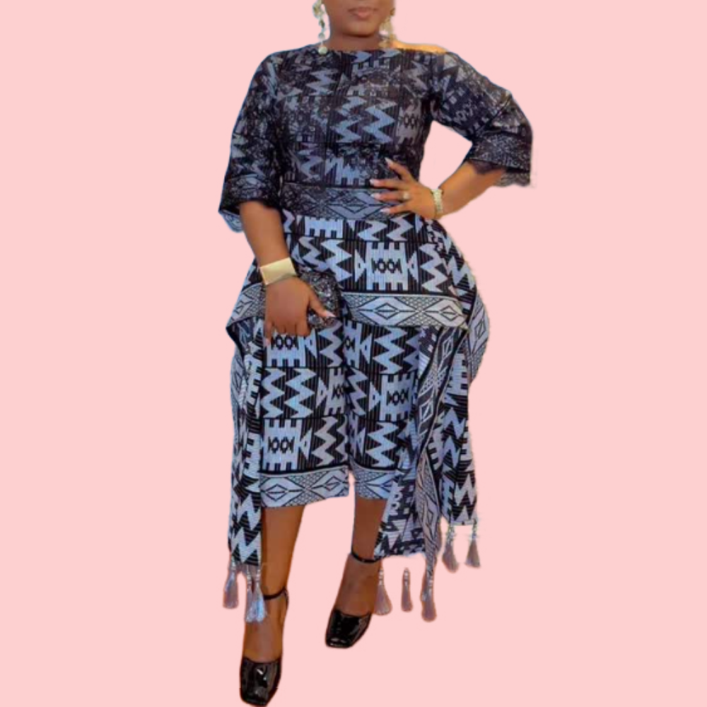 Blue Floral-Print Tassel Long Top & Cropped Pants Set