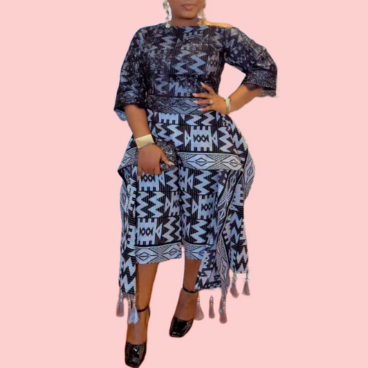 Blue Floral-Print Tassel Long Top & Cropped Pants Set