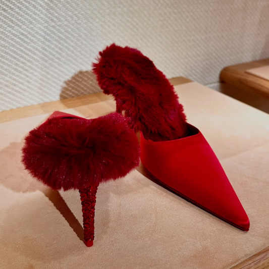 Plush Rhinestone Pointed-Toe High Heels