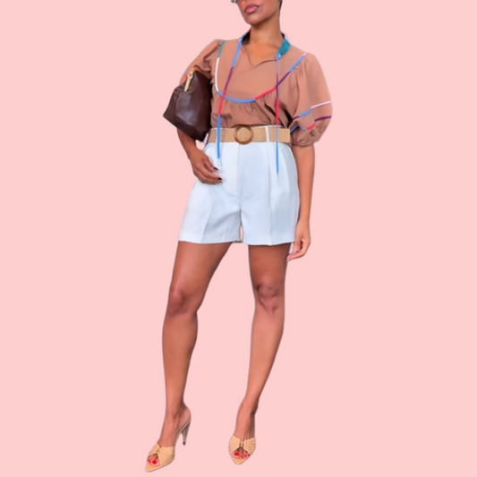Color Ribbon Short Sleeve Shirt & White Shorts Set