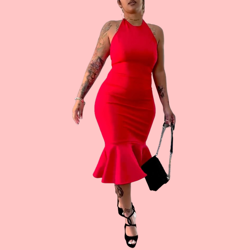 Red Sleeveless Ruffled Midi Dress