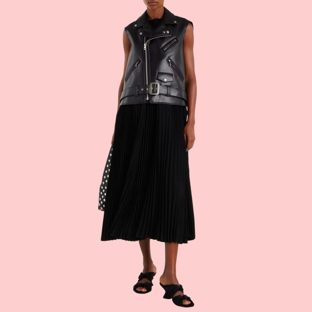 Zipper Leather Jacket Patchwork Pleated Maxi Dress