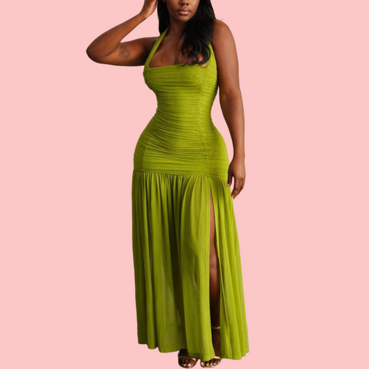 Green Halter Patchwork Pleated Maxi Dress