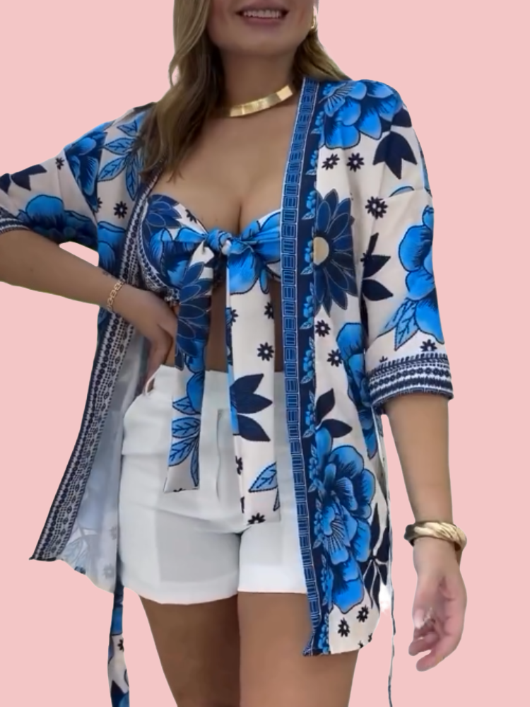 Blue Floral Wrap Bra & Tie Shirt