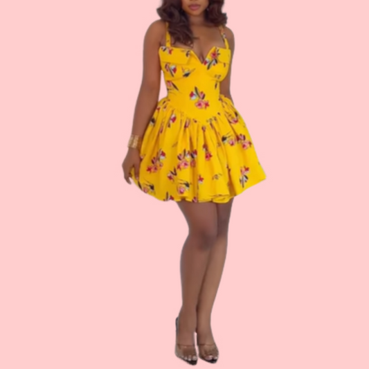 Yellow Floral Halter Mini Dress