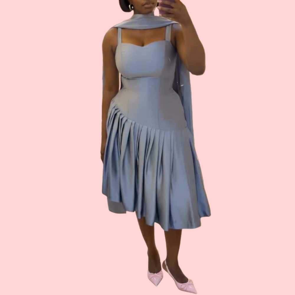Blue Strapless Pleated Midi Dress