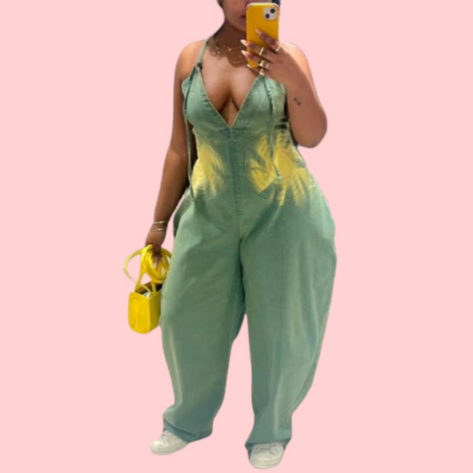 Green Printed V-Neck Halter Jumpsuit