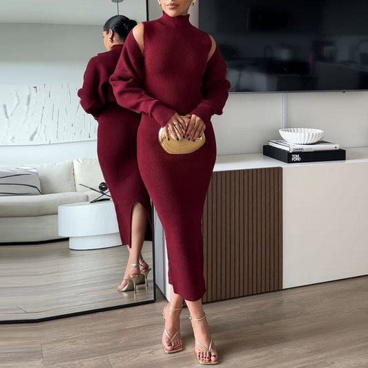 Red Knit Turtleneck Dress & Shawl Set